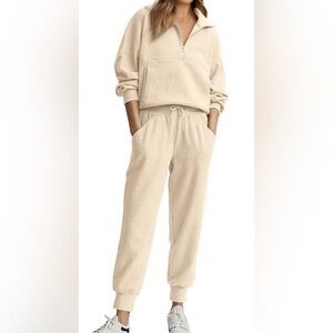 Beige 2 Piece Sweatsuit- Long Sleeve Half Zip Pullover Lounge Suit
